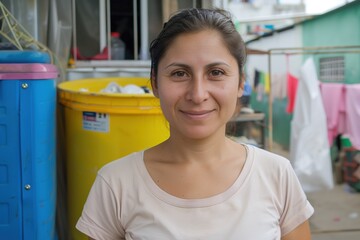 Sticker - portrait of an average hispanic woman, everyday life.no make up, real people, looking at the camera