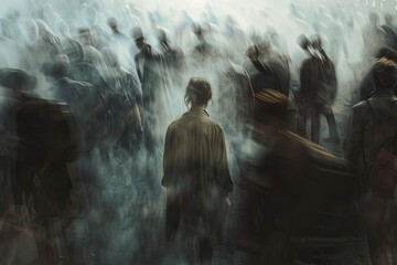 Poster - A solitary person stands in a crowded room, appearing detached and alone. The background is blurred, emphasizing their isolation despite being surrounded by others. Generative AI