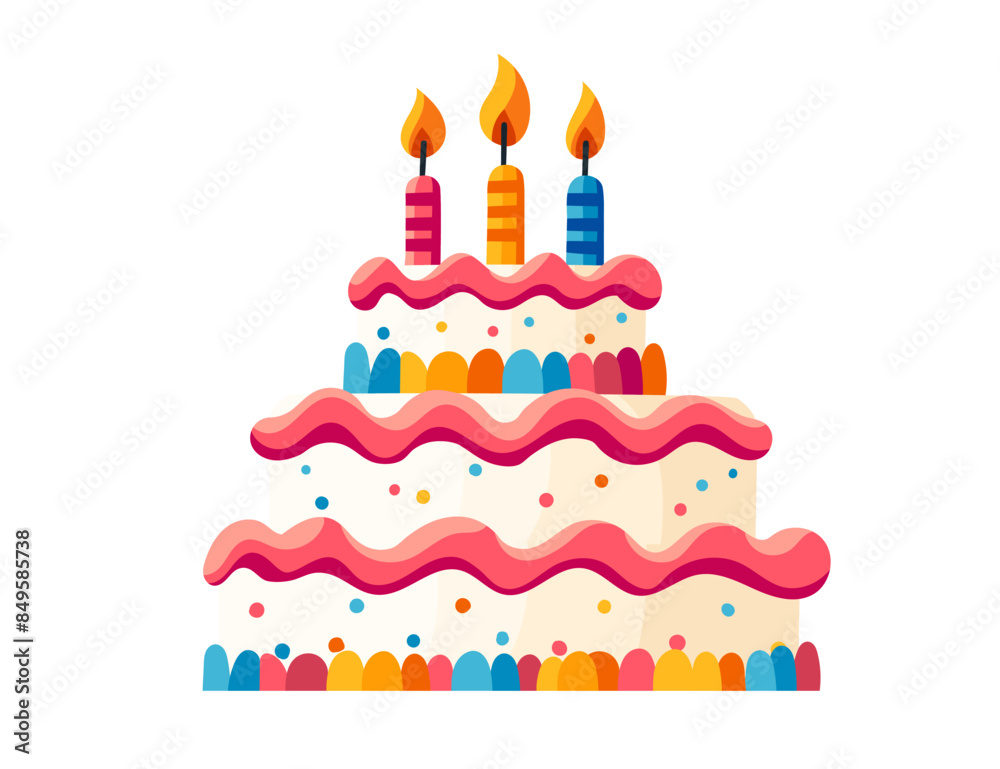 Triple layer birthday cake with three burning candle vector ...