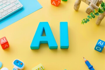 Canvas Print - Vivid AI concept with bold blue letters and miniature figures working on technology, emphasizing teamwork in digital innovation and electronic development.