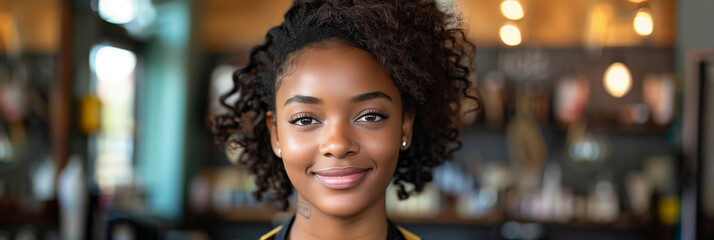 Wall Mural - African American female customer smiling confidently in hair salon.