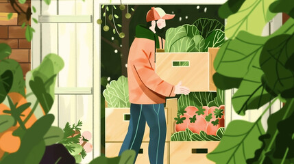 Man in a cap delivering fresh vegetables at a doorstep, surrounded by lush greenery.