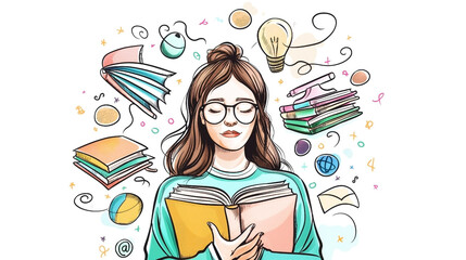 Wall Mural - Colorful illustration of a young woman with glasses deeply focused on reading a book surrounded by floating books and creative symbols.