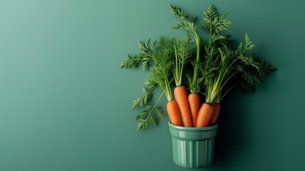 orange carrot with fresh green tops against a monochromatic bright green background