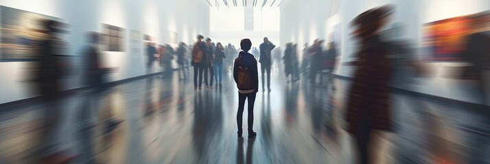 Fototapete - A single person stands in the middle of a crowded art gallery, seemingly oblivious to the bustling activity around them. The background is blurred, emphasizing their isolation. Generative AI