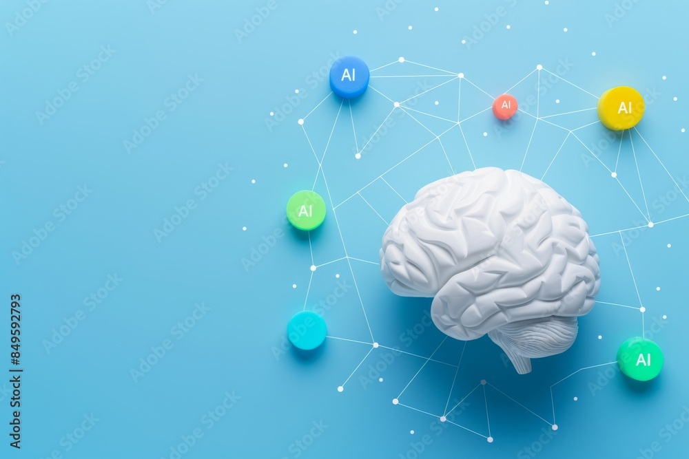 Brain Node Tech Example 3D white brain model connected with colorful nodes on a blue background ...
