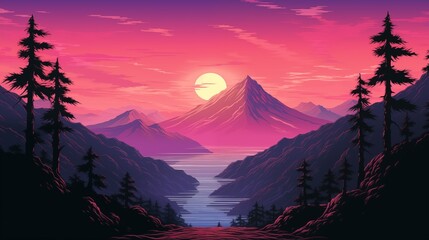 Wall Mural - Captivating Digital Artwork Depicting a Serene Sunset Over Majestic Mountains and a Tranquil Lake