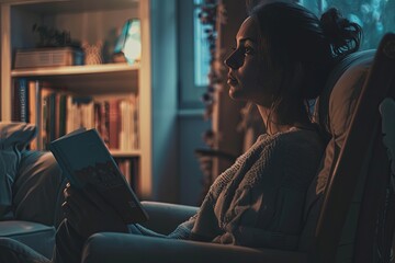 Aufkleber - A woman sits in a chair, holding a book, but her gaze is distant. The warm glow of the room creates a peaceful atmosphere, highlighting her sense of detachment. Generative AI