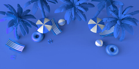 Wall Mural - Summer beach concept with palm trees, beach chairs, umbrellas and inflatable beach toys. Copy space. 3D illustration.