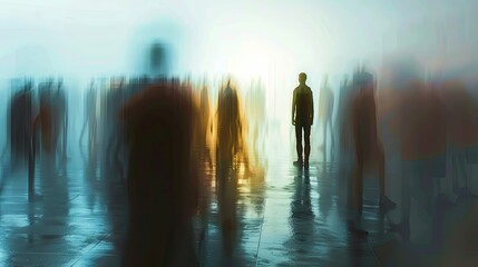 Aufkleber - A person stands alone in a crowded room, their silhouette clear against the blurred background, emphasizing their isolation despite being surrounded by others. Generative AI
