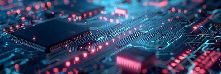 Poster - Close-Up View of a Modern Circuit Board With Glowing Lines and Connections