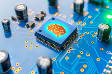 Sticker - High tech AI microchip on a circuit board with brain illustration, symbolizing advanced artificial intelligence, data processing, and smart computing in modern digital environments.