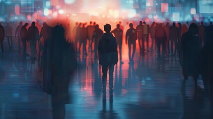 Poster - A person stands alone in a bustling city street, their figure silhouetted against the vibrant, blurred lights of the surrounding crowd. Generative AI