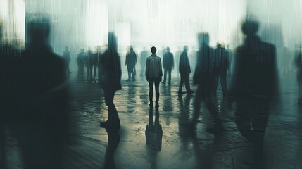 Poster - One person stands out in a crowded room, sharply distinct while others are blurred, highlighting their isolation despite being surrounded. Generative AI