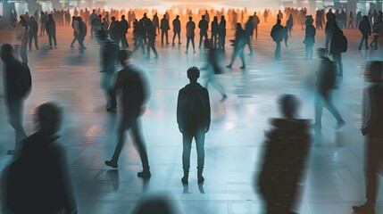 Poster - A lone figure stands in the middle of a crowded room, their silhouette distinct against the blurred background of bustling activity. Generative AI