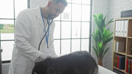 Sticker - A young hispanic male veterinarian examines a black and white husky in a bright clinic room.