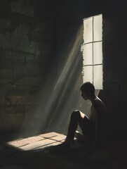 Poster - A person sits alone in a dimly lit room, their face partially obscured by shadows, as sunlight streams through a window, casting a single beam of light on the floor. Generative AI