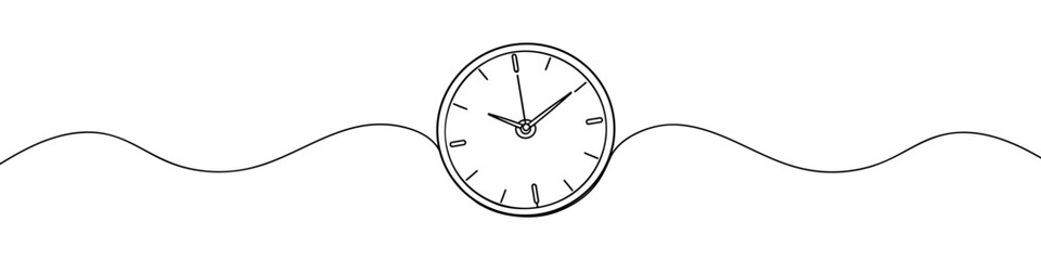 Continuous one line drawing clock icon with doodle hand drawn style. Self drawing. Vector illustration on white background.