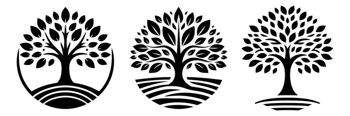 set tree logo icon template design. tree of life. round garden plant natural line symbol. green bran
