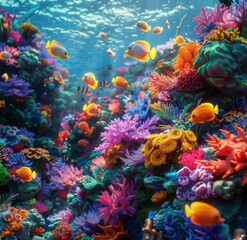 Wall Mural - Colorful Fish Swimming Through Vibrant Coral Reef in Sunlight