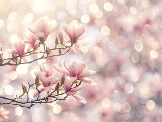 Wall Mural - Captivating magnolia flowers in full bloom enhanced by sparkling bokeh effects, making it a great abstract background and potential best-seller