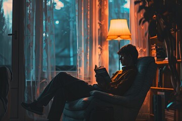 Poster - A man sits in a chair, holding a book but lost in thought, staring off into the distance. The room is dimly lit and cozy, emphasizing the mans sense of detachment. Generative AI