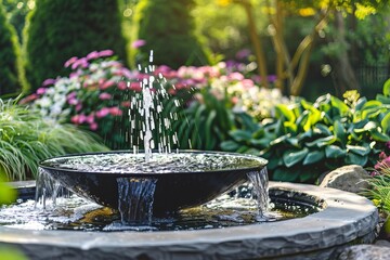 Poster - Inviting garden scene with a fountain as the focal point, creating a refreshing backdrop that could be an abstract, tranquil wallpaper and background best-seller