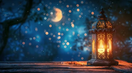 Ornate Lantern on Wooden Surface With Full Moon and Night Sky