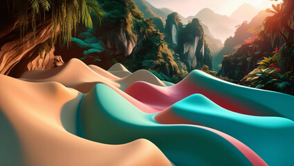 Wall Mural - Vibrant abstract 3D rendering in a minimalist photography style, nestled within the mystical mountains