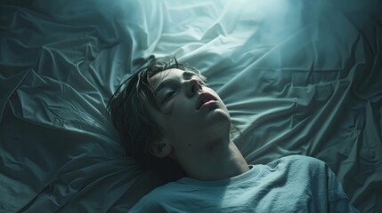 Poster - A youth lies in bed, gazing at the blank ceiling, their face reflecting emptiness and despair. The dimly lit room adds to their sense of isolation. Generative AI