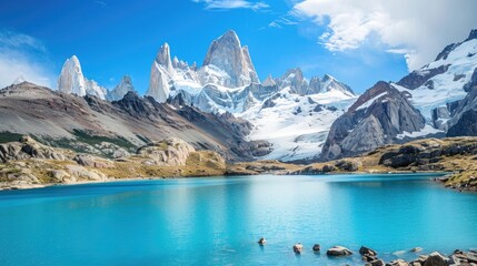 Canvas Print - A turquoise lake in the forefront with a glacier clad mountain peak in the background against a blue sky