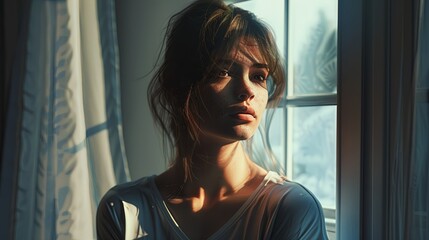 Poster - A woman gazes out a window, partly obscured by the gentle light. Her expression hints at contemplation or longing. Generative AI