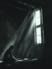 Poster - A person sits alone in a dark room, their face partially hidden in shadows, as sunlight streams through a window. Generative AI