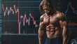 © gearstd - A visibly sweating athletic man stands before a fluctuating stock market display, merging fitness with finance