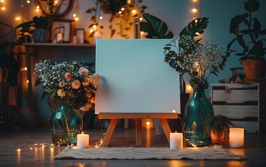 Blank Canvas With Candles and Flowers in a Window-Lit Room