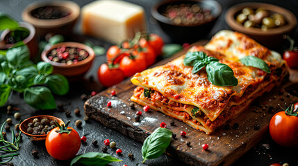 Fresh homemade lasagna with vibrant ingredients on a rustic wooden table. Ideal for Italian restaurants, food blogs, and culinary events. Concept: healthy eating, organic ingredients, cooking at home.