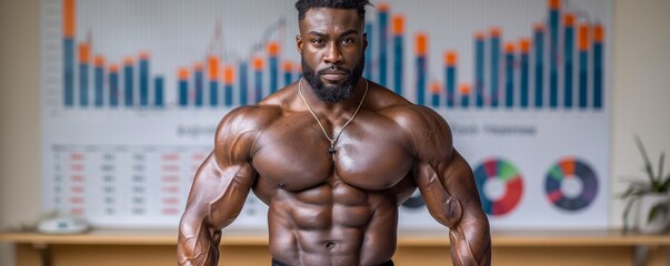 a muscular man confidently poses in front of financial graphs displaying distinct persistence and am