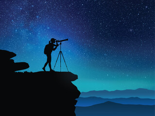 Sticker - Astronomer at work. Woman and telescope on rock. Milky Way, starry sky