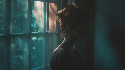 Poster - A woman stands by a window in a dimly lit room, looking out with a contemplative expression. Soft natural light filters through the window, casting shadows on her face. Generative AI