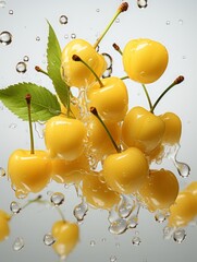 Wall Mural - cherry berries float in the air. ripe harvest, splashes of water. levitation.