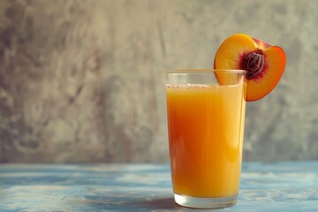 Wall Mural - A table with a glass of peach juice garnished with a slice of peach