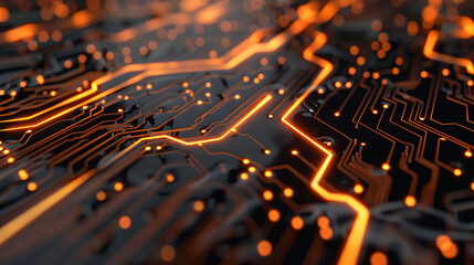 Poster - Orange lights are glowing on a circuit board, creating a futuristic technology background
