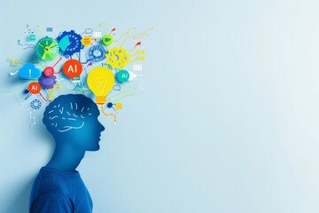 Poster - Creative illustration of a brain with colorful AI elements, representing artificial intelligence, cognitive computing, and innovative technology in a conceptual design.