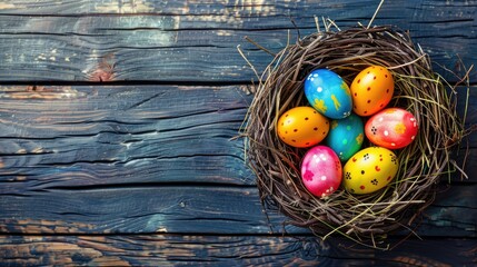 Sticker - Vibrant Easter eggs in a nest on a table with room for text seen from above