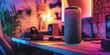 © Oleksandr - Smart speaker with LED light on wooden table in colorful gaming environment