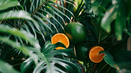 Poster - a group of oranges sitting on top of a green plant