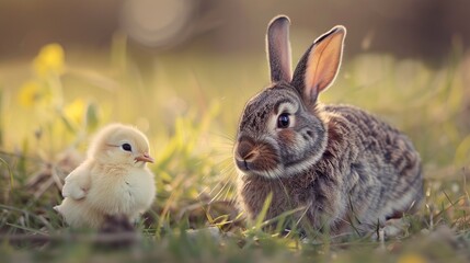 Rabbit and Chickling in a Meadow
