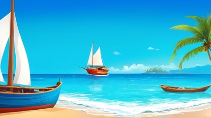 Wall Mural - background of sea and beach landscape with palm trees and a small boat