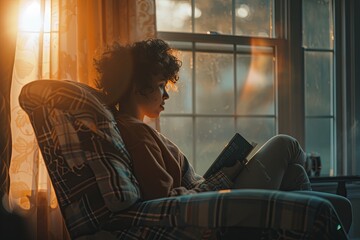 Leinwandbilder - A person sits in a chair, holding a book but staring off into space. The soft light of the room creates a sense of detachment. Generative AI