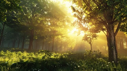 Poster - Morning atmosphere in the woods Glowing sunlight in the woods